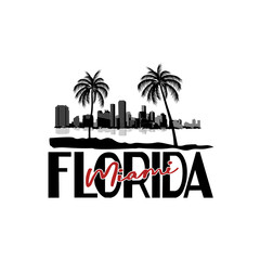 Minimal line art illustration of iconic Miami landmarks with palm trees and Art Deco style, capturing a modern tropical beach vibe. Ideal for t-shirts, posters, branding, and travel designs.