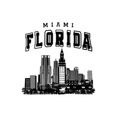 Minimal line art illustration of iconic Miami landmarks with palm trees and Art Deco style, capturing a modern tropical beach vibe. Ideal for t-shirts, posters, branding, and travel designs.