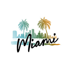 Minimal line art illustration of iconic Miami landmarks with palm trees and Art Deco style, capturing a modern tropical beach vibe. Ideal for t-shirts, posters, branding, and travel designs.