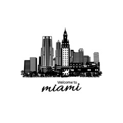 Naklejka premium Minimal line art illustration of iconic Miami landmarks with palm trees and Art Deco style, capturing a modern tropical beach vibe. Ideal for t-shirts, posters, branding, and travel designs.