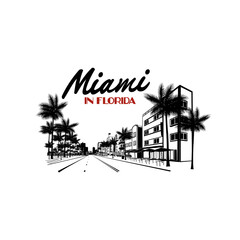 Minimal line art illustration of iconic Miami landmarks with palm trees and Art Deco style, capturing a modern tropical beach vibe. Ideal for t-shirts, posters, branding, and travel designs.