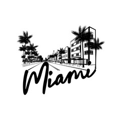 Minimal line art illustration of iconic Miami landmarks with palm trees and Art Deco style, capturing a modern tropical beach vibe. Ideal for t-shirts, posters, branding, and travel designs.