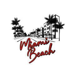 Minimal line art illustration of iconic Miami landmarks with palm trees and Art Deco style, capturing a modern tropical beach vibe. Ideal for t-shirts, posters, branding, and travel designs.