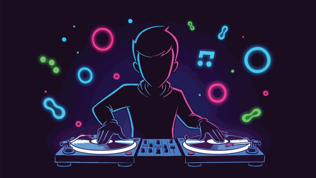 Modern DJ performing with vibrant neon lights on a dark background for music event promotion and digital media assets