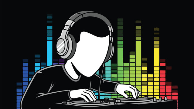 Silhouette of a DJ wearing headphones and mixing music on turntables with a vibrant equalizer background creating an energetic party atmosphere
