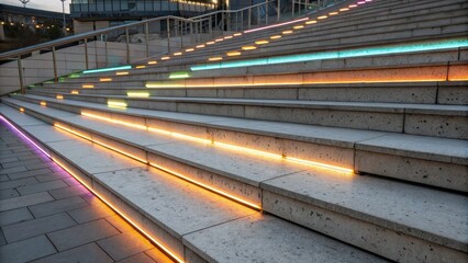 Obraz premium Ai driven scaling illustration of modern outdoor staircase with colorful LED lights embedded in stone steps at dusk urban setting