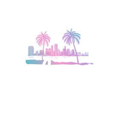 Minimal line art illustration of iconic Miami landmarks with palm trees and Art Deco style, capturing a modern tropical beach vibe. Ideal for t-shirts, posters, branding, and travel designs.