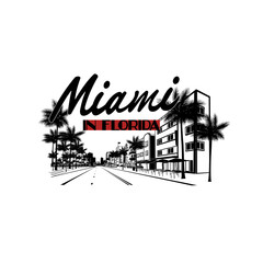 Minimal line art illustration of iconic Miami landmarks with palm trees and Art Deco style, capturing a modern tropical beach vibe. Ideal for t-shirts, posters, branding, and travel designs.
