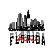 Minimal line art illustration of iconic Miami landmarks with palm trees and Art Deco style, capturing a modern tropical beach vibe. Ideal for t-shirts, posters, branding, and travel designs.