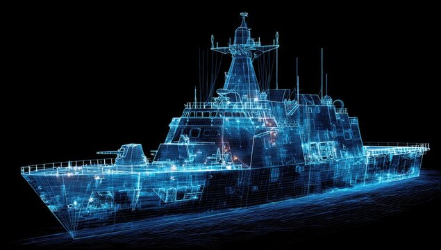 Holographic blue wireframe projection of a modern warship against a dark background