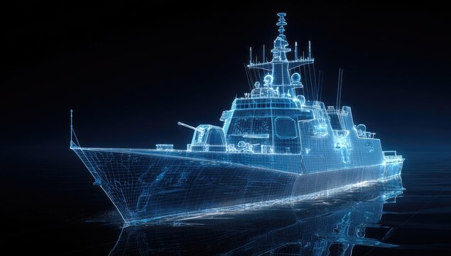 Blue wireframe digital model of a modern naval vessel, reflecting on a dark surface
