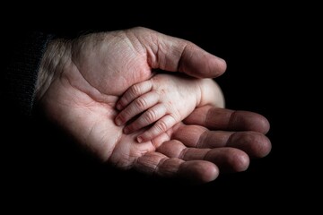Fototapeta premium Adult hand gently cradling a tiny baby's hand, symbolizing generations on dark