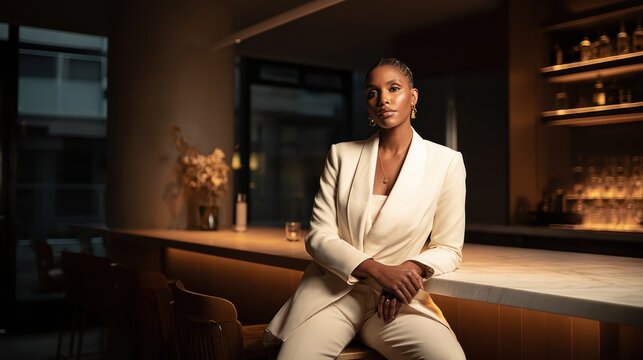 Elegant Professional in a Bar: A poised professional exudes confidence and sophistication in a stylish bar setting, illuminated by soft lighting.
