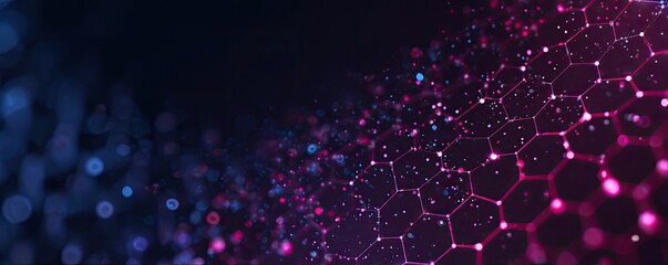 Abstract blue and purple technology background with glowing hexagonal grid and particles