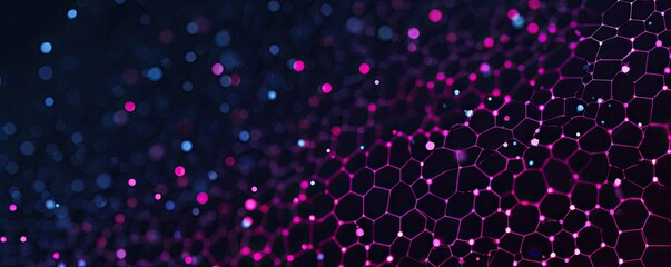 Abstract dark background with blue/pink bokeh and a glowing pink hexagonal network