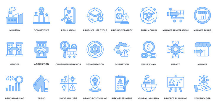 Industry Analysis icon set. Containing industry, competitive, regulation, product life cycle, pricing strategy, merger, segmentation, trend, SWOT analysis icon. Lineal blue style