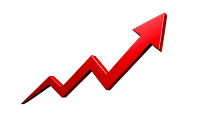  Red 3 D Arrow Graph, showing upward trend with sharp angles, isolated on a white or transpar 