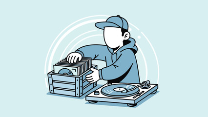 A DJ selecting vinyl records from a crate to play on a turntable, representing music enjoyment and hobbyist activities, perfect for creative projects.