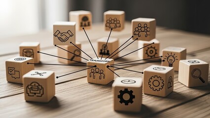 Teamwork collaboration and communication concept with wooden blocks and icons on wooden surface