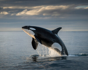 Fototapeta premium Orca whale breaching out of calm ocean water with dramatic cloudy sky killer whale jumping