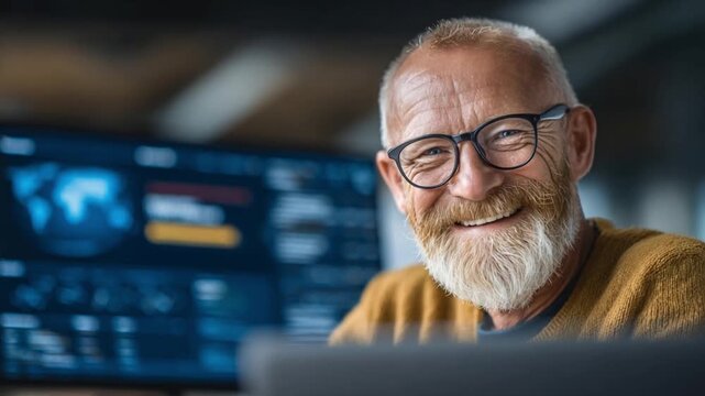 Happy Engineer: A close-up view of a smiling man with spectacles in an office, showcasing a relaxed and positive environment.