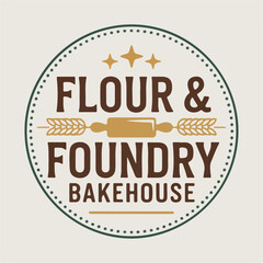 Flour & Foundry Bakehouse round seal with rolling pin and stars, rustic bakery logo vector for artisan bread, pastry labels, cafe menus and packaging