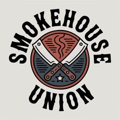 Smokehouse Union crossed cleavers emblem, vintage butcher barbecue badge with smoke and star, rustic meat shop branding vector for pitmaster restaurants