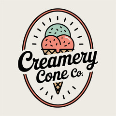 Creamery Cone Co retro ice cream badge with waffle cone and scoops, playful dessert parlor logo vector for frozen treats, packaging and shop signage