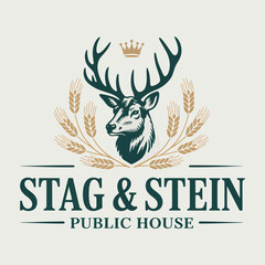 Stag & Stein Public House emblem with deer head and barley, classic pub logo vector for tavern signage, craft beer menus and heritage branding