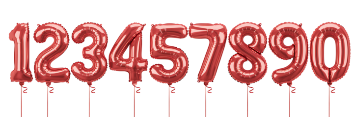 Set of red foil number balloons from one to zero, floating with ribbons, perfect for birthday parties, anniversaries, and celebratory events.
