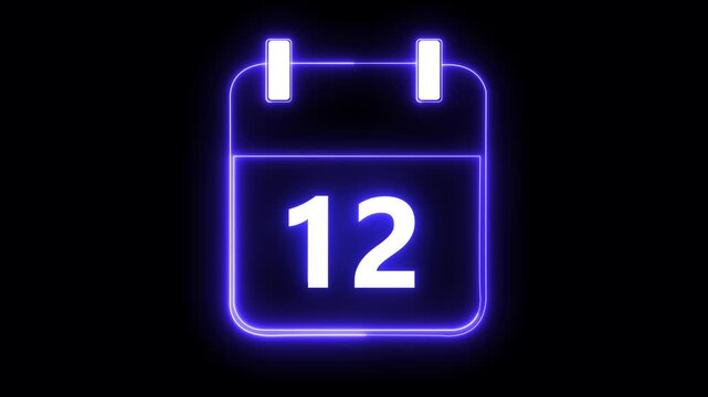 Minimal neon calendar icon deadline date animation. Neon line calendar icon animation for date reminder and schedule. Glowing neon calendar date 12 symbol for deadline and planning.