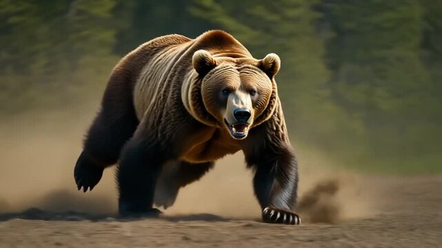 A large brown bear aggressively charges forward on dusty terrain with trees in the background.