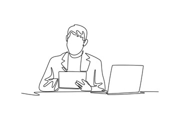 businessman specializing in strategic portfolio management and financial analysis. Benchmarking concept. Single line draw design. Vector graphic illustration