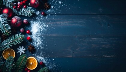 High-Quality Dark Rustic Wooden Christmas Background &ndash; Minimalist Hyper-Realistic Wood Panels with Snowy Branches and Festive Accents; Copy Space for Your Holiday Message