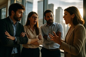 Shocked coworkers listening to upset businesswoman arguing in office hallway with city view windows, concept of workplace conflict and communication problems.