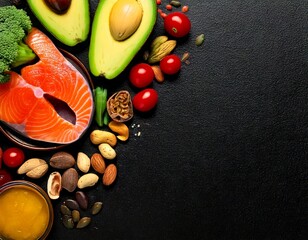  selection Food sources of omega 3 and healthy fats. Top view with copy space 