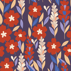 Elegant seamless vector floral background with vibrant red and purple flowers. Perfect for luxury fashion prints, romantic gift wrap, and home decor.