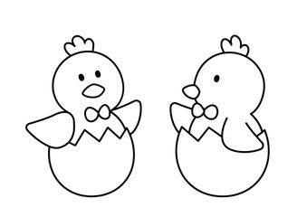 Easter Chick Sitting in Eggshells  Flat Vector Illustration Outline Set. Cute Spring Easter Chicken Coloring pages and templates. White background. © 素真 莊