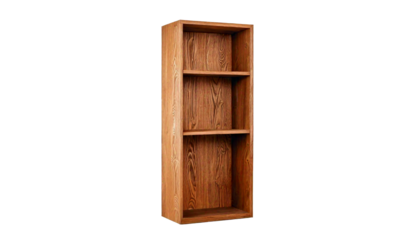 Tall narrow wooden bookshelf, with three open shelves, isolated on transparent background, c.png