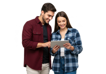 Couple looking at tablet computer isolated on transparent background