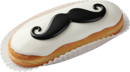 Elongated pastry topped with smooth white icing and a decorative curled black icing mustache resting in a white paper liner donut sweet baked dessert food