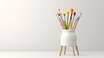 Colorful Paint Brushes in a White Holder on a Light Background
