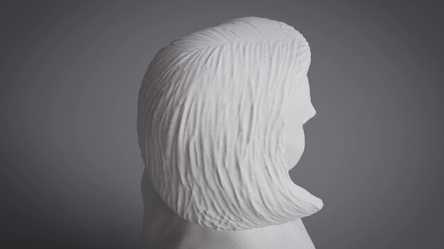 Woman head - rotating stone statuette, view from the above - 3D 4k animation (3840 x 2160 px). 