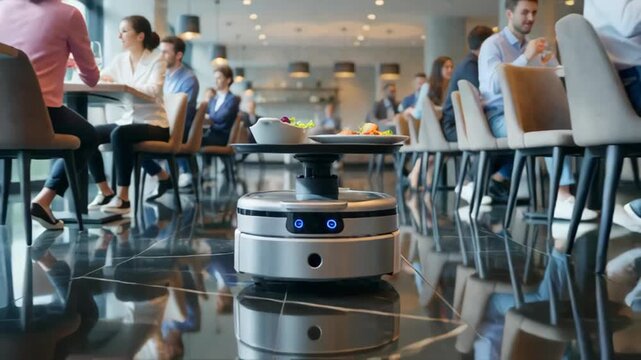 A sleek delivery robot navigating a modern restaurant with a busy dining atmosphere, reflecting on polished floors