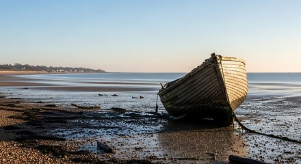 A weathered wooden rowboat rests on a sandy beach at low tide, with calm water and a distant shoreline in view