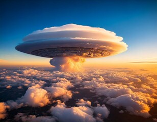 Surreal skyscape a lenticular cloud resembles a spaceship hovering above a sea of cumulus 
