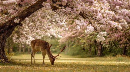 in the serene setting of this image, a deer stands in the center, its head turned to the right as if listening to something beyond our view