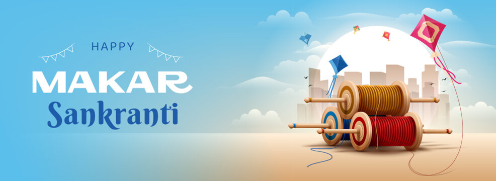 happy makar sankranti festival banner design with flying kites and latai on shine bright blue sky background