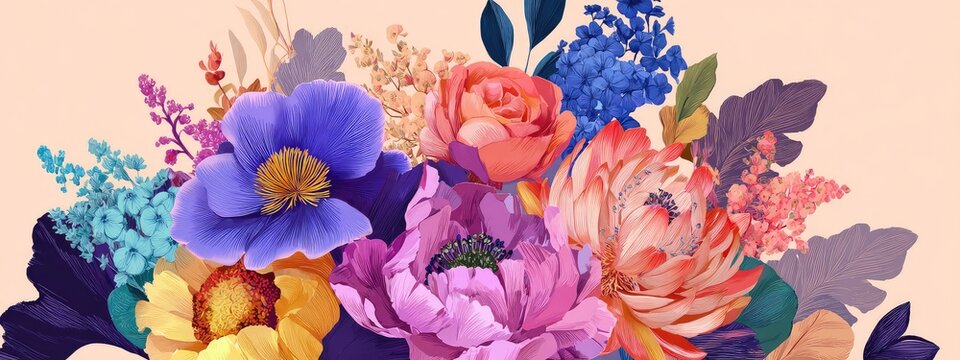 a lively bouquet of vibrant flowers, each with its own unique shape and hue, arranged in a harmonious cluster against a soft toned background