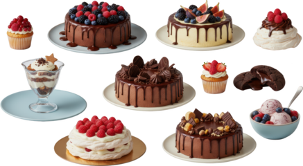 A collection of assorted desserts including chocolate cakes berry cupcakes meringue cake ice cream a trifle and a molten chocolate cookie Berries Cookies